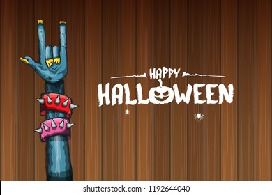 vector blue cartoon Zombie rock n roll hand isolated on horizontal wood wall background with space for text . vector Zombie party halloween background or horizontal heavy metal poster design template