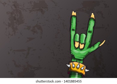 vector blue cartoon Zombie rock n roll hand isolated on horizontal grey grunge  background. vector Zombie party halloween background or horizontal heavy metal poster design template 
