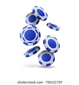 Vector blue casino chips thrown  up. Isolated objects on white background. Design element for the design of advertising banners, flayers, tickets, posters, covers, backdrops, brochure and other.