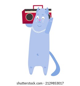 Vektorblaue Katze trägt einen Bandrekorder. Stylische Kitty mit Boombox. Cute Pet mit einem Musikinstrument. flache Illustration einzeln auf Weiß.