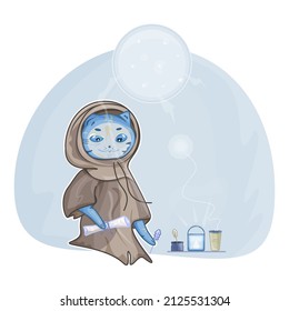 Vector blue cat dressed in brown gown, mantle holding a scroll, ancient manuscript and a feather. Nearby kitten there are inkwell with feather, lighting candlestick and a cup of coffee or tea. 