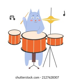 Vector blue cat plays the drums. cute pet playing a musical instrument in flat style. cartoon illustration on a white background.