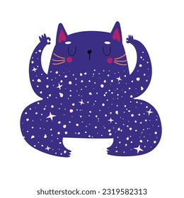 vector blue cat with stars on the body meditates. meditation, yoga.