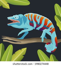 Vector blue chameleon with bright spots on the tree. Flat style.
