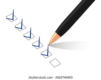 Símbolos de marca de verificación azul vectorial en la lista de verificación con lápiz. Ilustración aislada del vector sobre fondo blanco