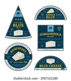 Vector Blue Cheese Labels And Packaging Design Elements. Roquefort, Gorgonzola And Blue Cheese Detailed Icons