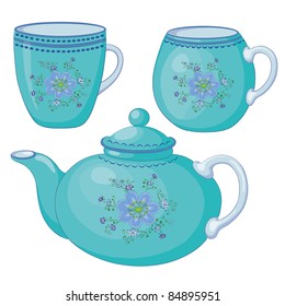 Vector, blue china teapot and cups with a pattern of flowers and leaves