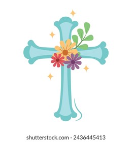 Vector blue christian cross with flowers decoration on isolated background