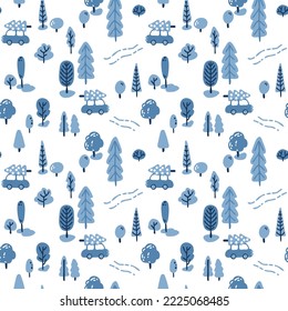 Vector blue Christmas background. Car with pine on the roof moving throught the forest. Scandinavian pattern