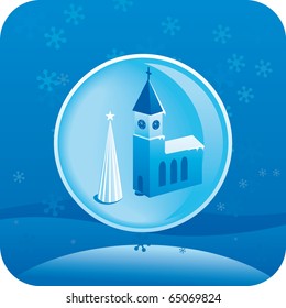Vector blue Christmas background with church circle