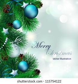 Vector blue christmas background with decorated christmas tree on shiny background