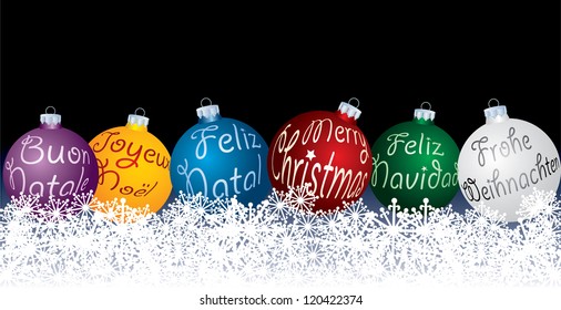 Vektorblaue Weihnachtsbälle in sechs Sprachen