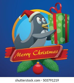 Vector blue Christmas card with red banner, fir branches, Christmas ball and with cartoon image of a funny black-white penguin in a red Santa hat running with a green gift. Merry Christmas. New year.