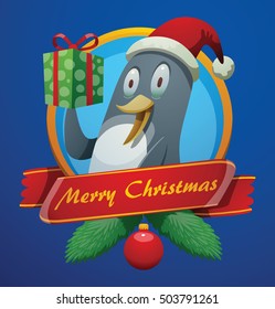 Vector blue Christmas card with red banner, fir branches, Christmas ball and with cartoon image of a funny black-white penguin in a red Santa hat smiling with a green gift. Merry Christmas. New year.