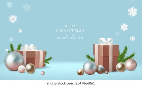 Vector blue Christmas celebration banner. New year illustration with fir tree branches, presents and decorative balls with snowflakes.