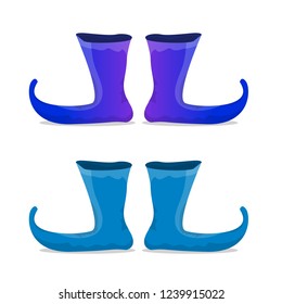 vector blue christmas elf shoes collection icon isolated on white background. vector funky violet cartoon boots set