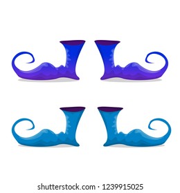 vector blue christmas elf shoes collection icon isolated on white background. vector funky violet cartoon boots set