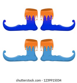 vector blue christmas elf shoes collection icon isolated on white background. vector funky violet cartoon boots set