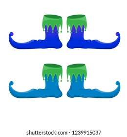 vector blue christmas elf shoes collection icon isolated on white background. vector funky violet cartoon boots set