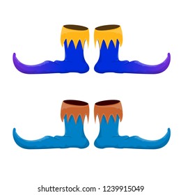 vector blue christmas elf shoes collection icon isolated on white background. vector funky violet cartoon boots set