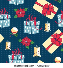 Vector blue Christmas gifts boxes and candles seamless repeat pattern background. Can be used for holiday giftwrap, fabric, wallpaper, stationery, packaging.