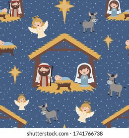 Vector Blue Christmas Nativity Scene Seamless Pattern Background. Perfect for Christmas fabric, scrapbooking, kids, stationery, and home decor projects. Coordinates with my nativity patterns.