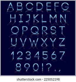 Vector blue and chrome alphabet letter, digits and punctuation signs with reflection on dark background