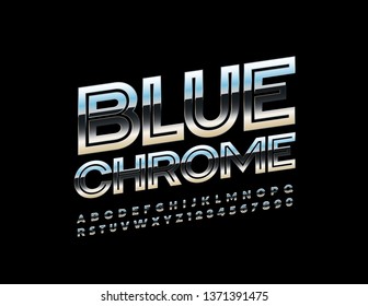 Alfabeto reflectante Vector Blue Chrome. Fuente en mayúsculas brillante. Juego de letras y números de metal