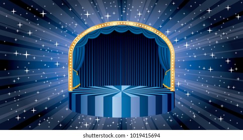 vector blue circle circus stage with bulb lamps and star burst in background, entertainment and show business template