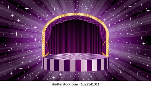 vector blue circle circus stage with bulb lamps and star burst in background, entertainment and show business template