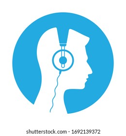Vector blue circle icon, profile head man with retro headphones. Isolated on white background.