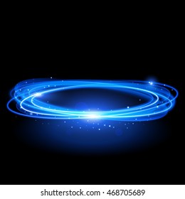 Vector blue circle light with tracing effect. Glowing magic fire ring trace. Glitter sparkle swirl trail effect on black background. Blue  glitter round ellipse line with flying sparkling flash lights