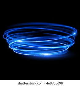 Vector Blue Circle Light With Tracing Effect. Glowing Magic Neon Fire Ring Trace. Glitter Sparkle Swirl Trail Effect On Black Background. Blue Glitter Round Ellipse Line Of Sparkling Flash Lights