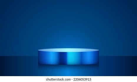 Vector blue circle premium podium for presentation. Metal luxury pedestal mockup. Product scene template. Commercial geometric cylinder. Modern 3D gradient empty room for product advertising