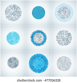 Vector blue circuit board circles, digital technologies abstractions. Set of computer microprocessor schemes with arrows, futuristic designs collection.