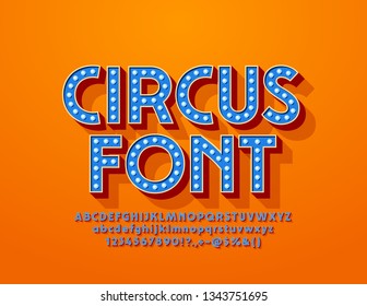 Vector blue Circus Font with electric light bulbs. Glowing lamp Alphabet Letters, Numbers and Symbols.
