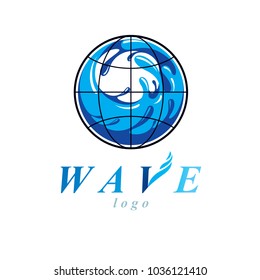 Vector blue clear water drop logo for use as marketing design symbol. Human and nature coexistence concept.
