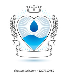 Vector blue clear water drop logotype for use as marketing design symbol. Human and nature harmony concept. 