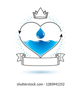 Vector blue clear water drop logo for use as marketing design symbol. Human and nature harmony concept. 