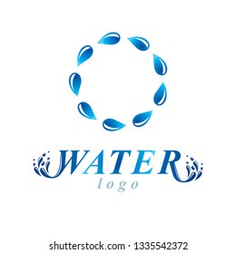 Vector blue clear water drop sign for use as corporate emblem in spa and resort organizations. Environment protection concept.