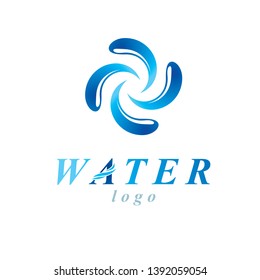 Vector blue clear water drop sign for use as corporate emblem in spa and resort organizations. Human and nature harmony concept. 