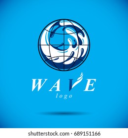 Vector blue clear water drop logo for use as marketing design symbol. Human and nature coexistence concept.