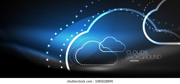 Vector Blue Cloud Computing, Storage Concept, Neon Digital Background