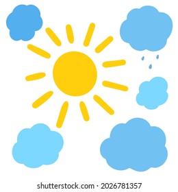 Vector Blue Cloud and Sun in Cartoon Childish Style Isolated on White Background. Weather Design Element.