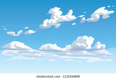 Vector blue cloudy sky. Anime clean style. Background design