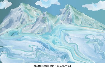 Montañas polvorientas de color azul vectorial con nieve y nubes en el cielo. Fondo- Montañas y glaciares.Imitación bajo acuarela.