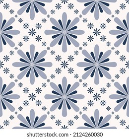 Vector blue color geometric floral shape seamless background. Simple ethnic peranakan or Sino portuguese pattern design. Use for fabric, textile, interior decoration elements, wrapping.