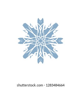 Vector blue color silhouette snowflake, stylized ink drawing, simple brush paint, ornate star, holiday symbol, hand drawn contrast element on white background, gouache strokes, fancy sketch