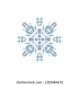 Vector blue color silhouette snowflake, stylized ink drawing, simple brush paint, ornate star, holiday symbol, hand drawn contrast element on white background, gouache strokes, fancy sketch