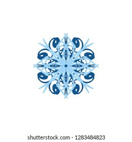 Vector blue color silhouette snowflake, stylized ink drawing, simple brush paint, ornate star, holiday symbol, hand drawn contrast element on white background, gouache strokes, fancy sketch
